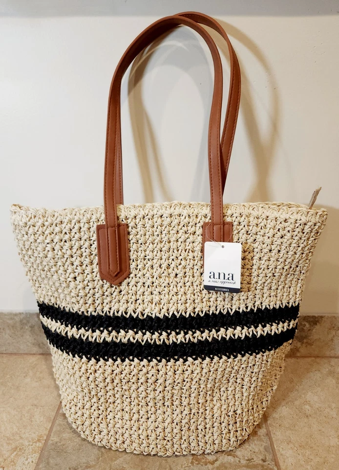 A.n.a | Beige Paper Straw Brown Leather Handle Stripe Large Beach Tote Bag NEW! - Image 1 of 4