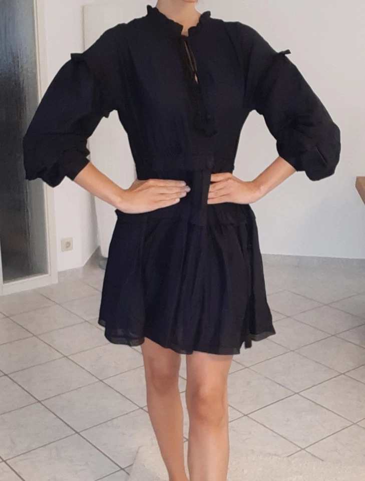 C&A Prémium Minikleid Baumwollkeid Puffärmel Stickerei Bindegürtel Schwarz M - Bild 1 von 4