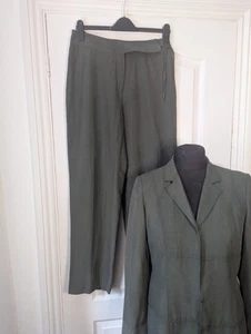 Linea Silk & Linen Khaki Green 2 Piece Co-ord Suit Jacket Trousers Size 12 - Picture 1 of 19