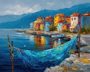 Leonid Afremov SEASIDE VILLAGE Oil Painting 24"x20" by Official Studio GICLEE - Picture 1 of 7