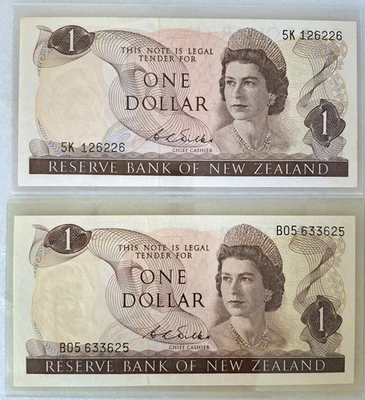 New Zealand $1 Wilks. P163b. AU/EF. 1968-1975. Prefix 5K & B05 variety pair. - Image 1 of 2