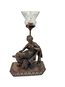 Solid Bronze Greco Roman Figural Lady Woman Lamp w/ Etched Glass Art Nouveau - Picture 1 of 23