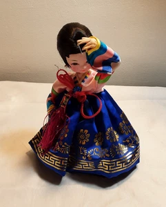 Vintage Big Eyed Asian Korean Bradley Style Mod Stockinette Doll in Blue Dress - Picture 1 of 17