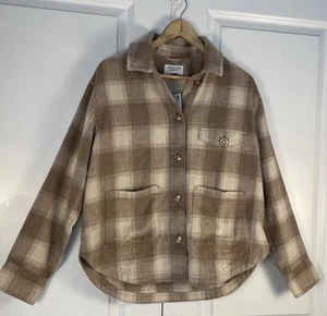 AEO American Eagle Fleece Plaid Shacket Womens S/P Tan White Oversized Hipster - Picture 1 of 12