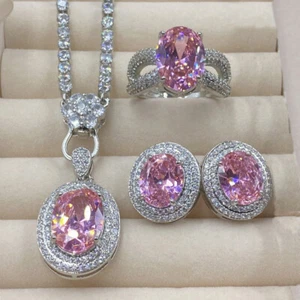 Juego de 3 piezas Dije Color Rosa Topacio Piedras Preciosas Plata Mujeres Collar Tachuelas Pendiente Anillo - Imagen 1 de 10