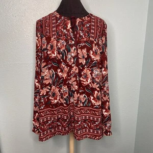 DR2 Blouse shirt Size Large Red Floral Long Sleeve V-Neck Tie Neck Tassel - Picture 1 of 12