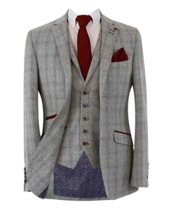 Mens Tweed Check Suit Slim Fit 3 Piece Classic Grey Wedding Formal Business Set - Picture 1 of 17