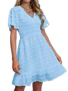 Women's V Neck Smocked Swiss Dot Swing Flowy Ruffle Hem Mini Beach Dress NEW - Picture 1 of 14