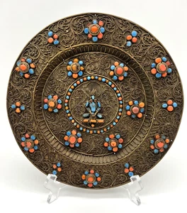 Tibetan Brass Coral and Turquoise Plate from Nepal 8.5" - Picture 1 of 6