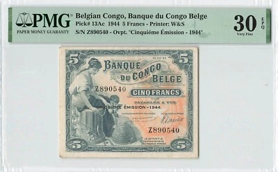 BELGIAN CONGO 5 Francs 1944, P-13Ac, Prefix Z, PMG 30 EPQ VF, Rare So Nice - Image 1 of 2