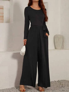 Tied Round Neck Long Sleeve Jumpsuit - Picture 1 of 4