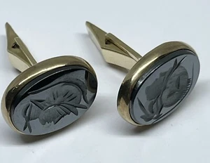 Vintage 14k Gold Hämatit Schnitzerei Soldier Kamee Manschettenknöpfe - Bild 1 von 4