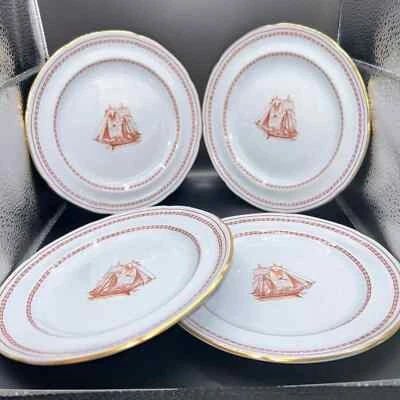 Vintage Discontinued Spode Trade Winds Red 6” Bread Plate Gold Rim Set Of 4 - Image 1 of 4
