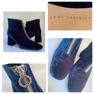 Zara Trafaluc Crushed Blue Suede Velvet Booties 37 Block Heel 6.5 Boots - Picture 1 of 18