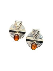 Nakai Navajo sterling silver stud circle earrings tribal design amber cabochon - Picture 1 of 14