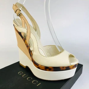 GUCCI Leather tortoiseshell line wedge sandals White Beige Size 35 US5 Italy - Picture 1 of 13
