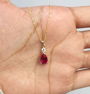 Gold Filled Red Ruby Teardrop Necklace 925Silver CZ Diamond Ruby Pendant For Her - Picture 1 of 6