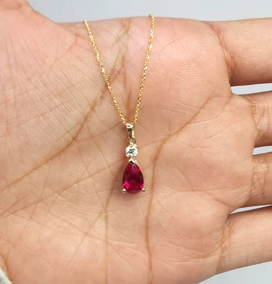 Gold Filled Red Ruby Teardrop Necklace 925Silver CZ Diamond Ruby Pendant For Her - Image 1 of 4