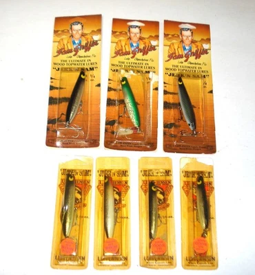 Lote de 7 señuelos vintage Luhr Jensen Jerkin' Sam madera Topwater nuevos en paquete Foto 1 de 4