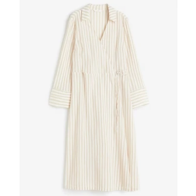H&M Women's Large Striped Long Sleeve Wrap Midi Dress Casual Chic Cotton - Image 1 of 4