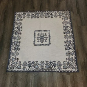 Vintage Folk Art Woven Tapestry Throw Table Mat Cottagecore Scandi Blue Floral - Picture 1 of 8