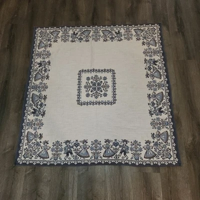 Vintage Folk Art Woven Tapestry Throw Table Mat Cottagecore Scandi Blue Floral - Image 1 of 4