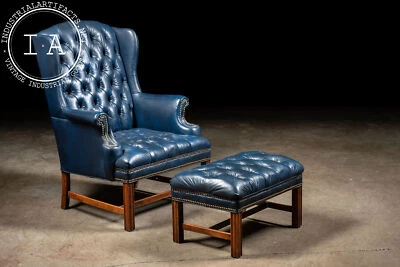 Vintage Tufted Leather Wingback Chair with Matching Ottoman in Blue - Image 1 of 4