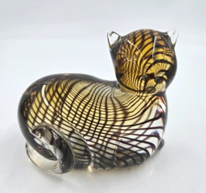 Vintage Murano Art Glass Clear & Golden Color w Stripes Cat Paperweight 4.5" - Picture 1 of 4