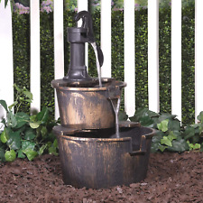2-Tier Barrel & Pump Waterfall Outdoor Fountain Rustic Style Dark Bronze Finish