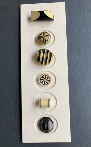Lot of 6 Celluloid Black & Cream/Ivory Buttons on Double Mat Card; 3 Patterns Cover