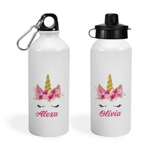 Personalisierte Einhornkopf Wasserflasche 600ml oder 400ml Sportkappe auslaufsichere Flasche - Bild 1 von 9