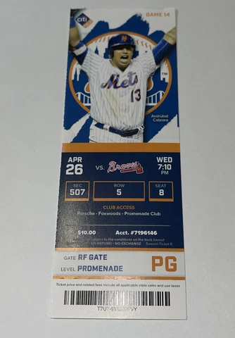 New York Mets Vs Atlanta Braves Game Day ticket Stub. 4/26/2017 Cover