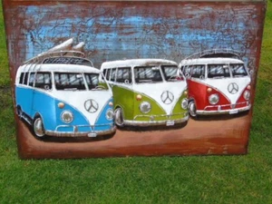 tableau , cadre en métal avec relief , 3 combi VW . - Photo 1/5