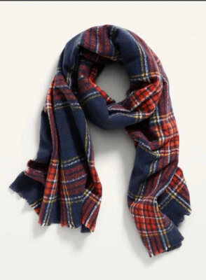 Old Navy Cozy Soft Brushed Flannel Scarf Navy Multi Plaid Tartan - Image 1 of 2