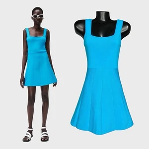 ZARA NWT Womens Medium Mini Dress Blue Stretch Knit Fit & Flare Bandage Tank NEW - Picture 1 of 13
