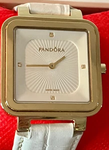 Pandora Black Crown Diamond Watch w/White Leather Band {7.5") New Battery - Picture 1 of 14