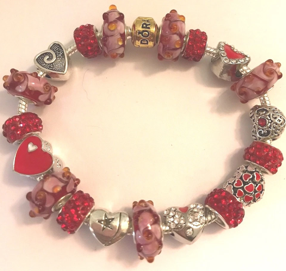 ❤️Pandora CHARM BEADS BRACELET ~ Sterling Silver Chain w/ RED European Beads 1❤️ - Image 1 of 4