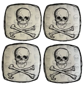 Coventry Halloween Teller 4er Set Totenkopf & gekreuzte Knochen quadratisch Porzellan 8" Gothic - Bild 1 von 6