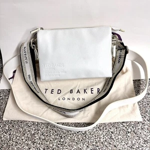 TED BAKER White Leather Handbag Crossbody Bag 2 Straps Logo Zipper Pockets Purse - Picture 1 of 14