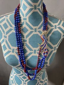 J Crew Three Strand Coral & Lapis Bead Bird Of Paradise Necklace - Picture 1 of 8