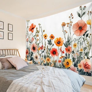 Rustic Green Leaves Pink and Orange Floral Tapestry for Bedroom Living Room Dorm - Picture 1 of 15