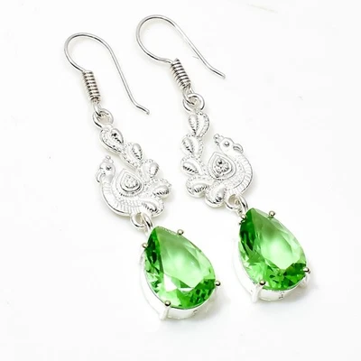 925 Sterling Silver Green Amethyst Gemstone Handmade Jewelry Earring Size-1.8" - Image 1 of 4