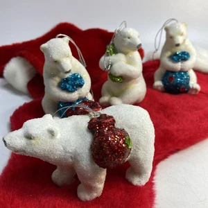 4 Vintage Polar Bear Christmas Ornament Set Glitter Sparkle Christmas Tree 4 in - Picture 1 of 12