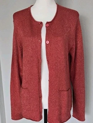 Eileen Fisher 真丝混纺针织开衫 Fresa 圆领毛衣夹克粉色 L 码 — 第 1/4 张图片