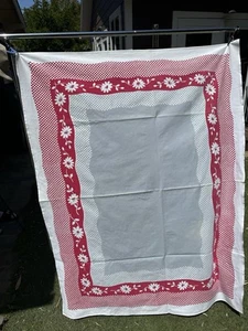 1950s Vintage Cotton Tablecloth Red&Gray Checks & Daisies 62” x 48" Excellent - Picture 1 of 3