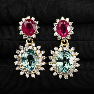 Orecchini fatti a mano in argento sterling 925 12,56 ct con zaffiro verde e... - Immagine 1 di 4