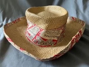 NEU Vintage 80er Budweiser King of Beers Label Stroh Sonnenhut beige Strandschirm - Bild 1 von 5