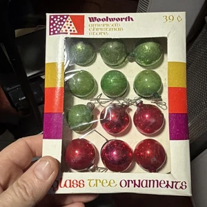 Vtg Mini Glass Christmas Tree Ornaments Woolworth’s 12 Pieces Original Box 25mm - Picture 1 of 11
