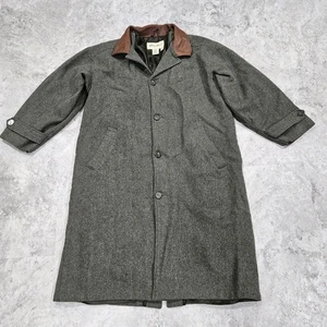 Eddie Bauer Vintage Wool Herringbone Tweed Overcoat Leather Collar Men’s M - Picture 1 of 12
