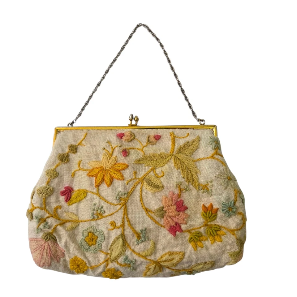 Cartera de lino crewel jacobea vintage con correa de cadena dorada diseño floral y enredaderas  Foto 1 de 4